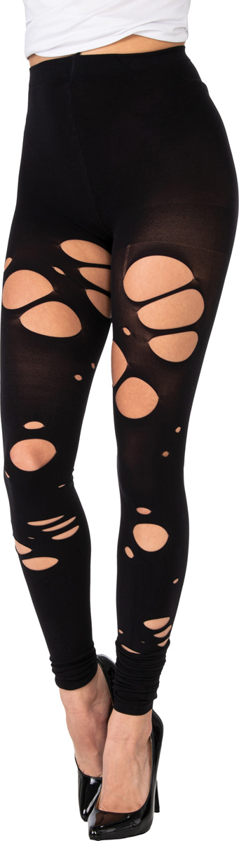 Zombie Women Black Leggings Cut Out Slashed Ripped Ankle Length