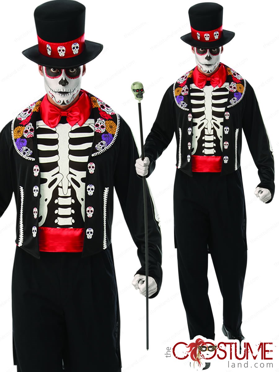Day of the Dead Mens Halloween Fancy Dress Mexican Skeleton Suit Adults Costume 